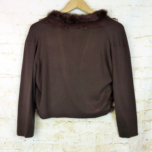 VTG Joseph A. Cardigan Women XL Brown Silk Blend Faux Fur Trim Crop Sweater Y2K - Picture 2 of 13